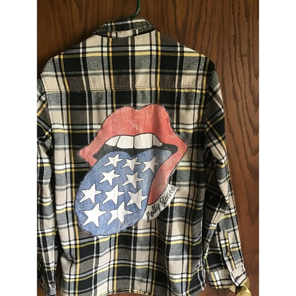 Rolling Stones Upcycled Flannel Back Patch Shirt Men’s Medium Rocker Grunge - Picture 3 of 4